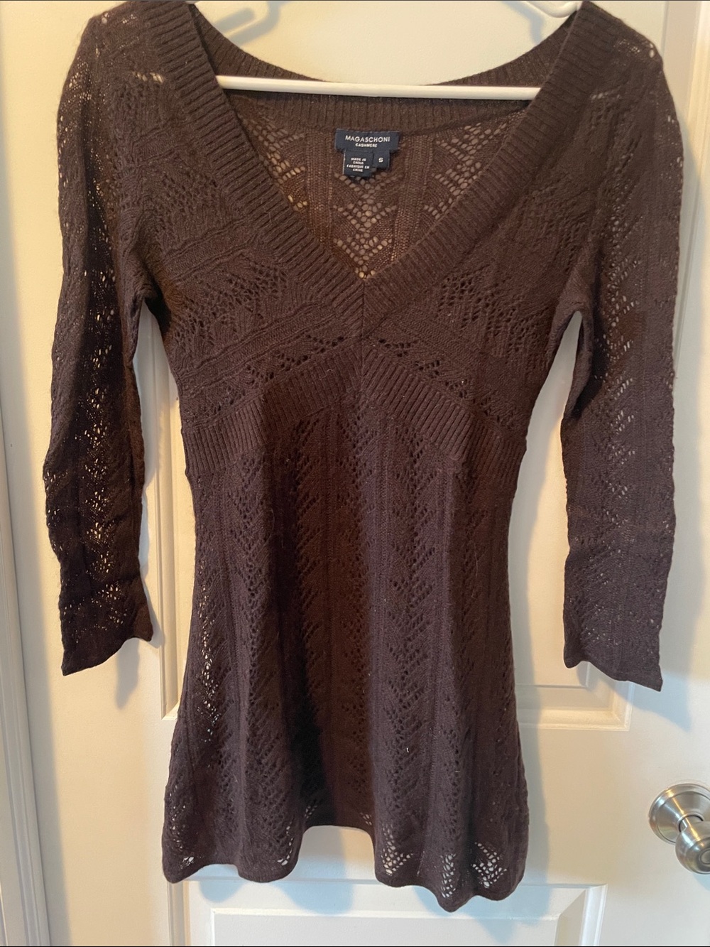 Magaschoni Chocolate Brown V-Neck Openwork Knit Sweater small